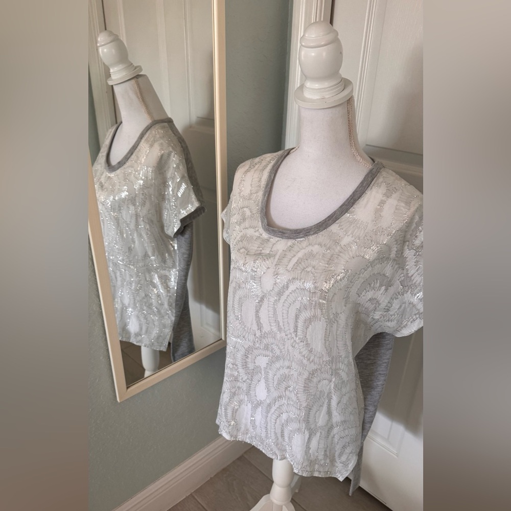 Maje Amanda Lace Overlay Jersey Top High-Low Silver Gray NWOT Size 2